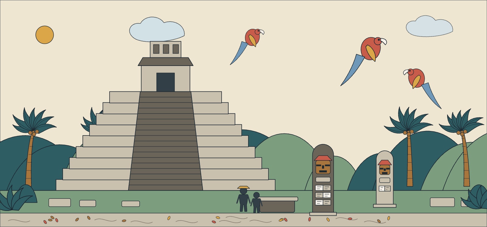 Illustration of the Maya site of Copan with its stepped pyramid, carved stelae and scarlet macaws