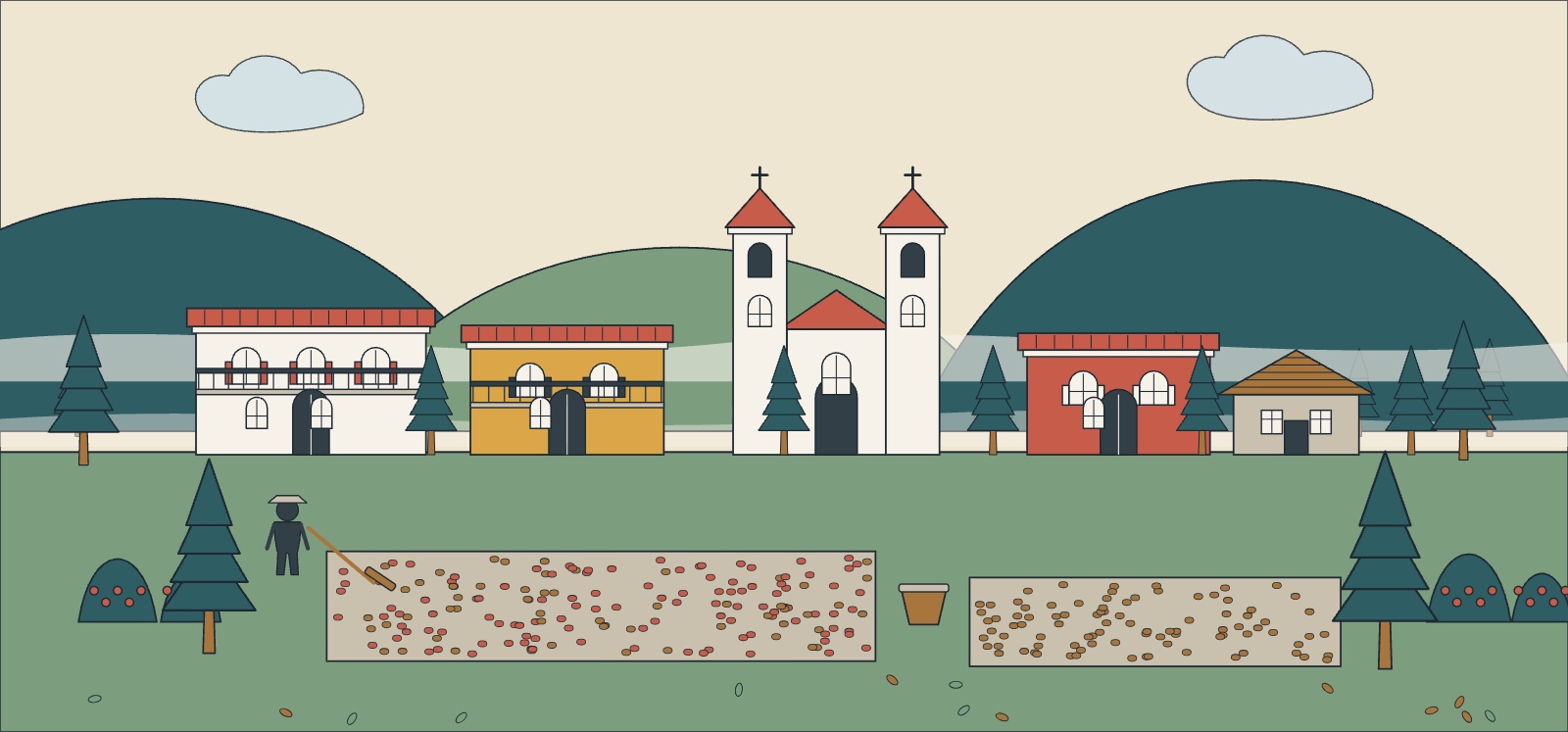 Illustration of a highland village near Gracias, Honduras, with a tiled church, pine trees and coffee drying on the patio