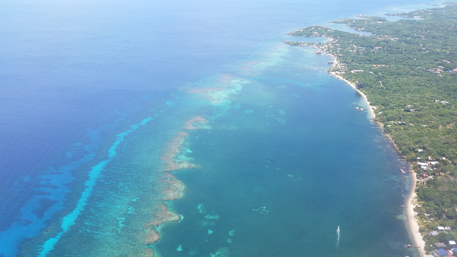 Aerial view of the reef line off West End, Roatan, in the Bay Islands of Honduras